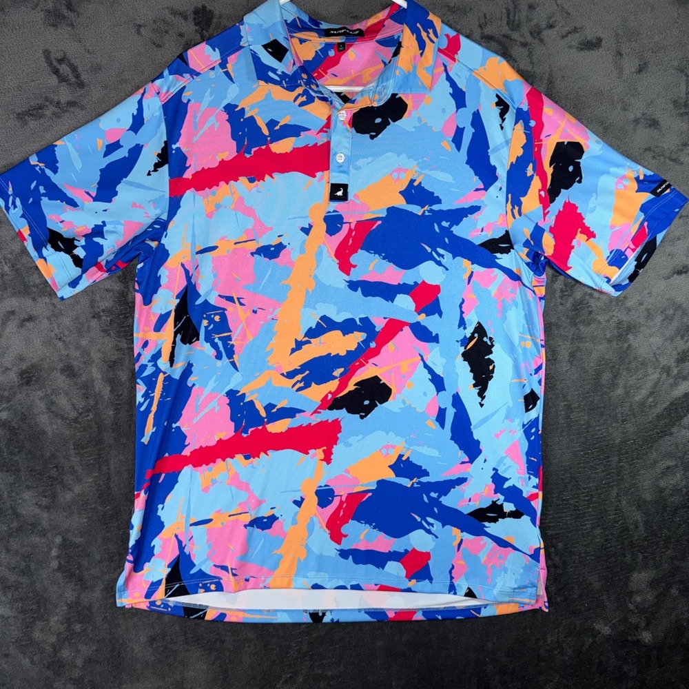 Mens Large SURFCUZ Polo Shirt Blue Multi Excellent Abstract Performance Golf 686